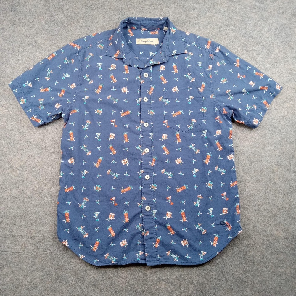 Tommy Bahama Shirt Mens Small‎ Blue Tiki Cocktail Aloha Hawaiian Short Sleeve